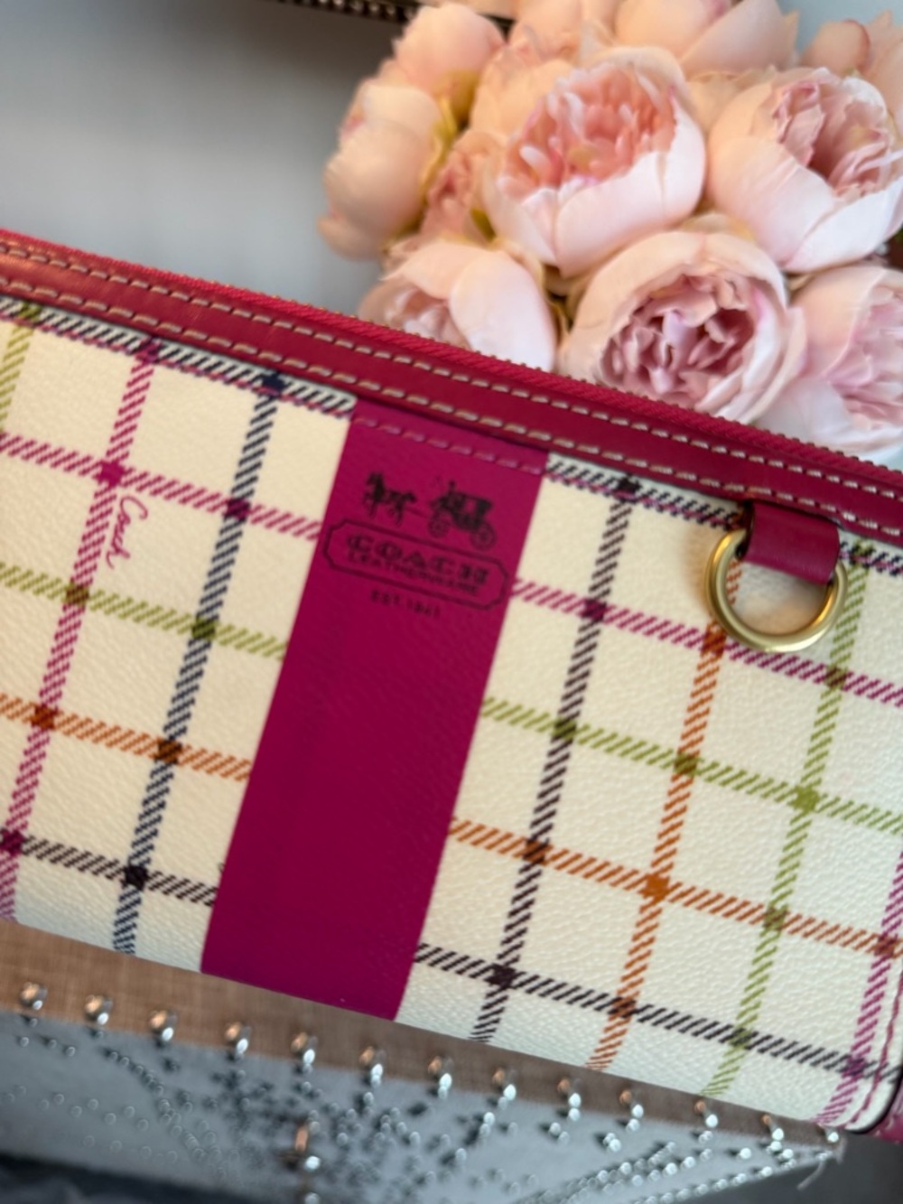Coach Poppy Pink Plaid Zip-Around Wallet with Multicolor Checked Pattern - Picture 4 of 15